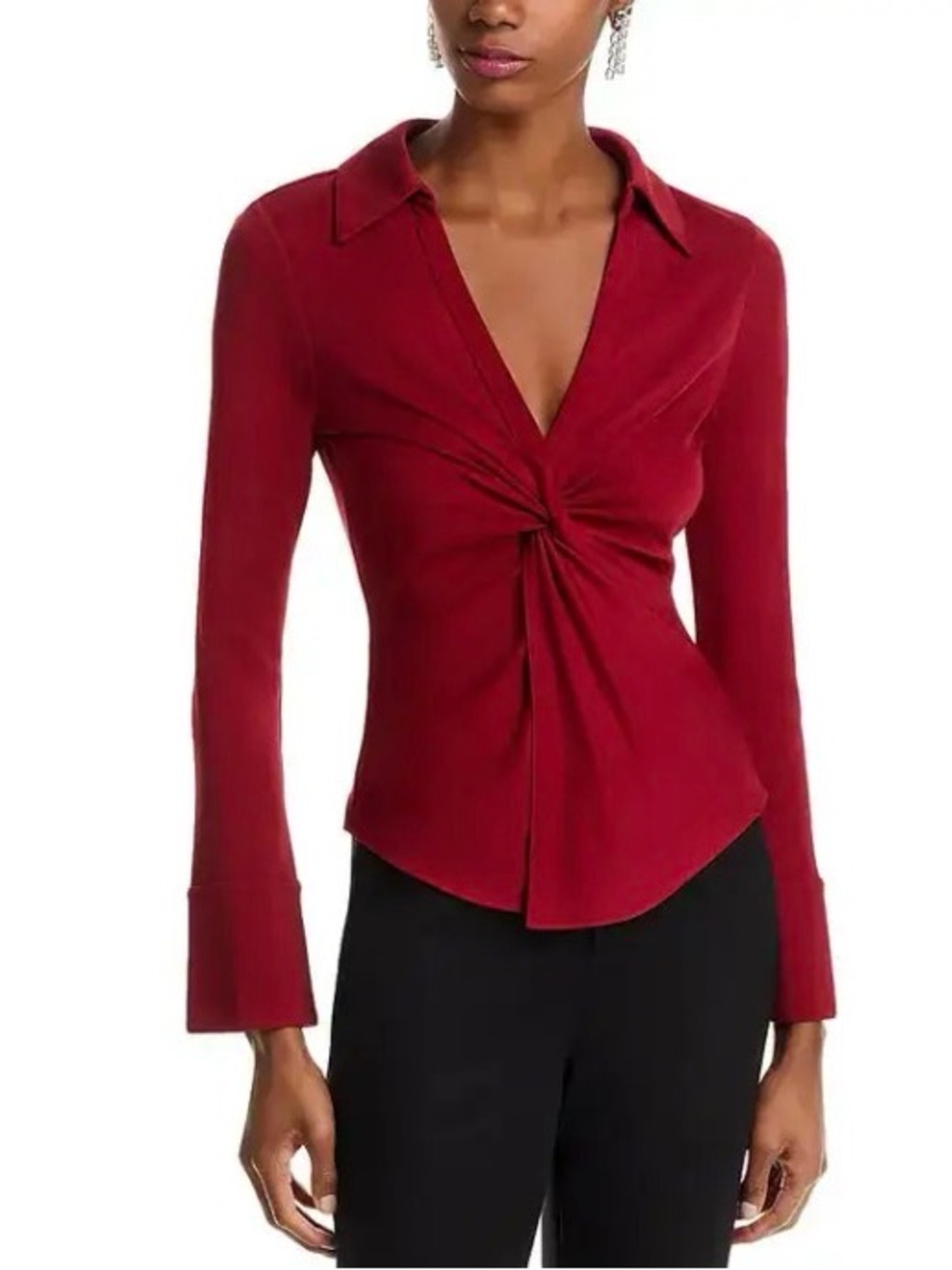 Cinq a Sept McKenna Red Twist-Front Collared Long-Sleeve Shirt Blouse Top [TE]